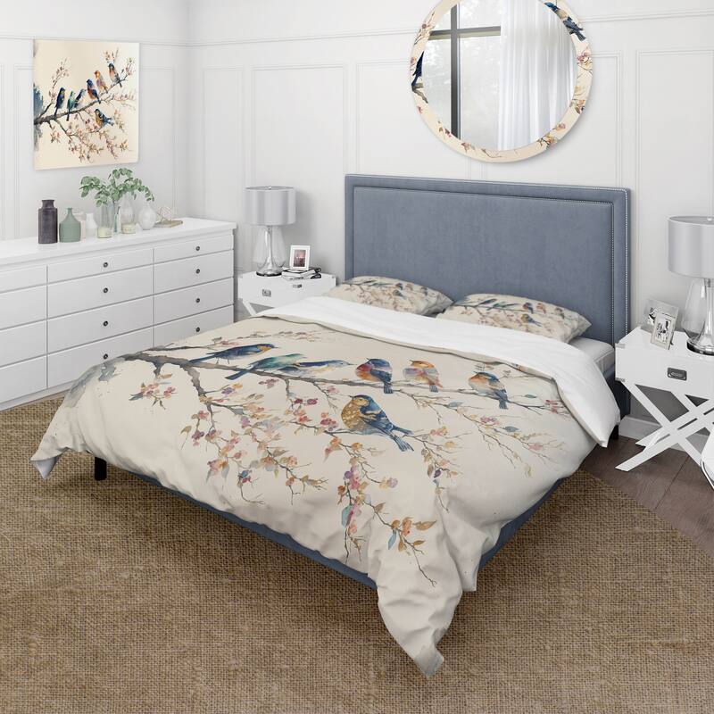 Designart "Multicolor Birds On Plum Blossoms Tree VIII" Beige Shabby Chic - Bedding Cover Set With Shams
