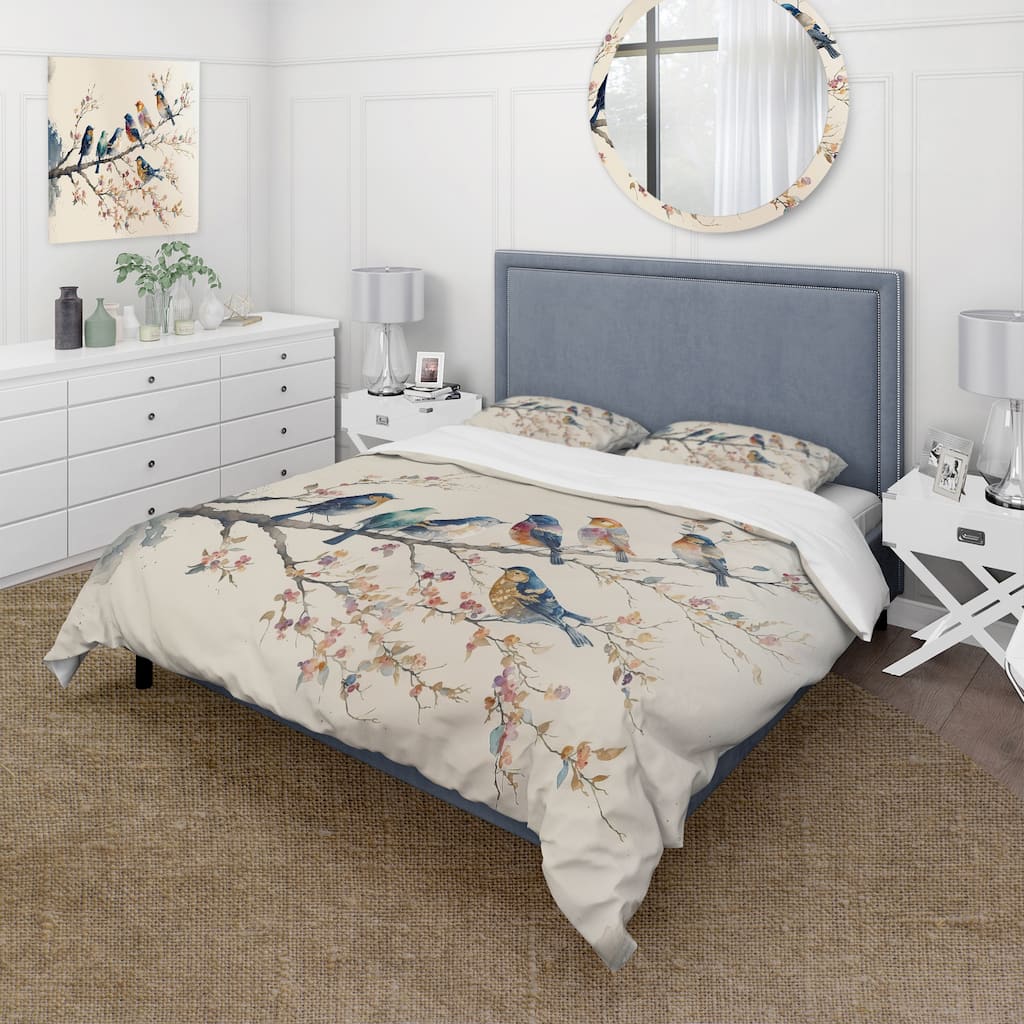 Designart "Multicolor Birds On Plum Blossoms Tree VIII" Beige Shabby Chic - Bedding Cover Set With Shams
