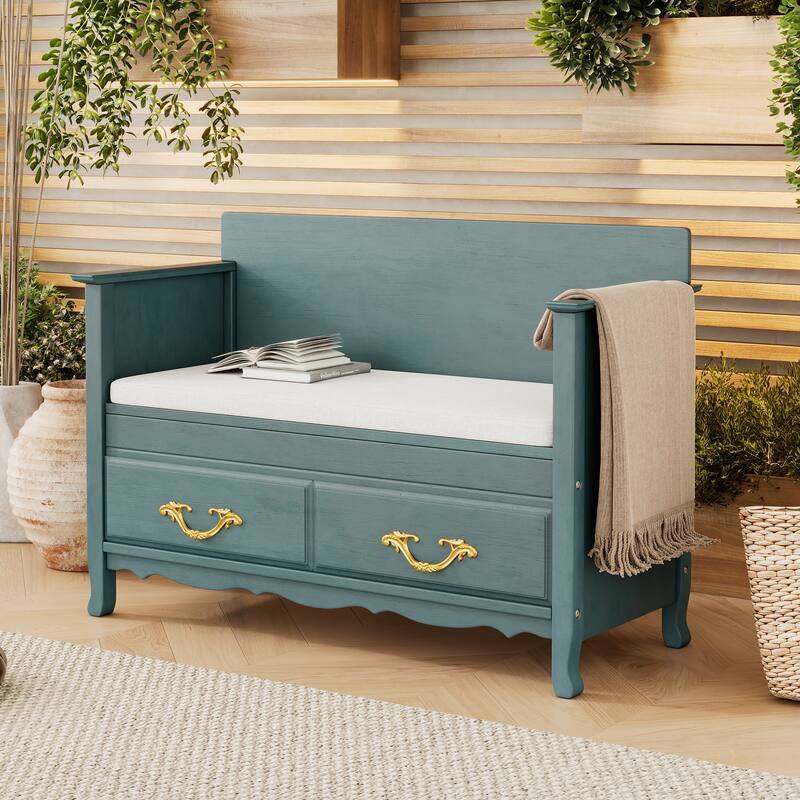 42 Inch Wide Storage Bench For Entryway Bench with Removable Cushion - Green