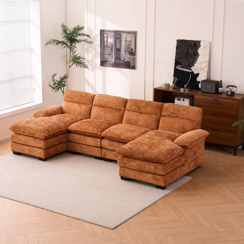 Modern U-shape Chenille Upholstered Sofa with Chaise Multiple Cushions Sectional Couch - Orange