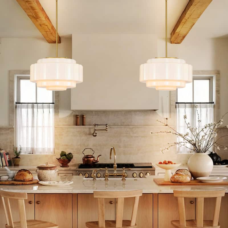 Rennnsan 3-Light Mid-Century Modern Brass Tiered Milk Glass Pendant for Dining Room - 15.7 in. W x 7.1 in. H