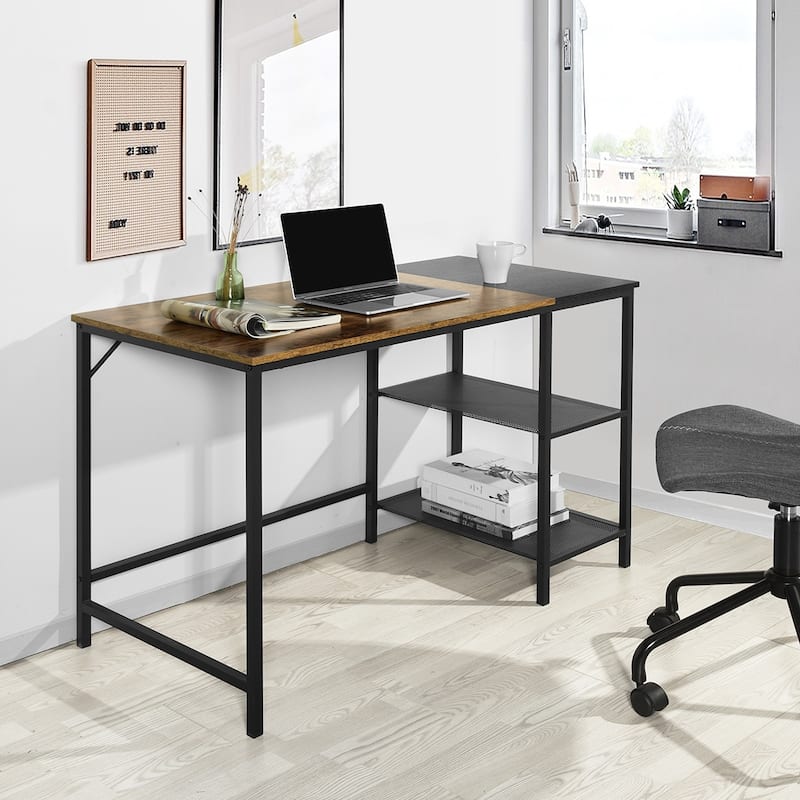HomyLin 43.3 Inch Industrial Computer Desk with 2-Tier Shelves, Rustic Brown and Black