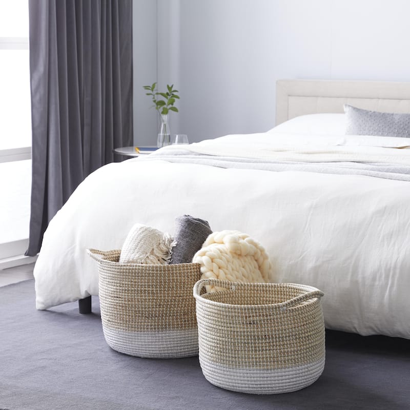 Seagrass Handmade Two Toned Decorative and Functional Storage Basket with Handles - Set of 2 White - Roche River Decor