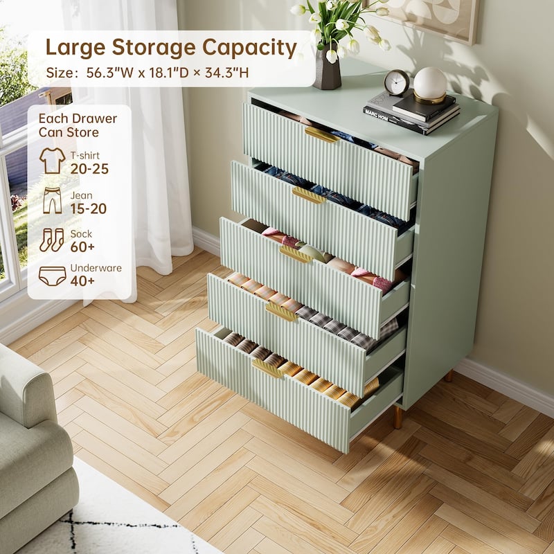 5 Drawer Dresser for Bedroom with Gold Handles, Modern Wooden Chest of Drawers