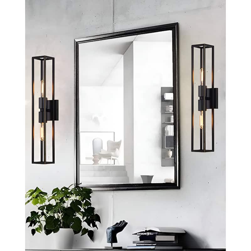 2 Bulb Metal Frame Wall Scones, Square Symmetrical Structured Rectangular Vanity Wall Light (Set of 1) - Black