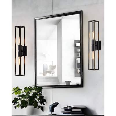 2 Bulb Metal Frame Wall Scones, Square Symmetrical Structured Rectangular Vanity Wall Light (Set of 1)