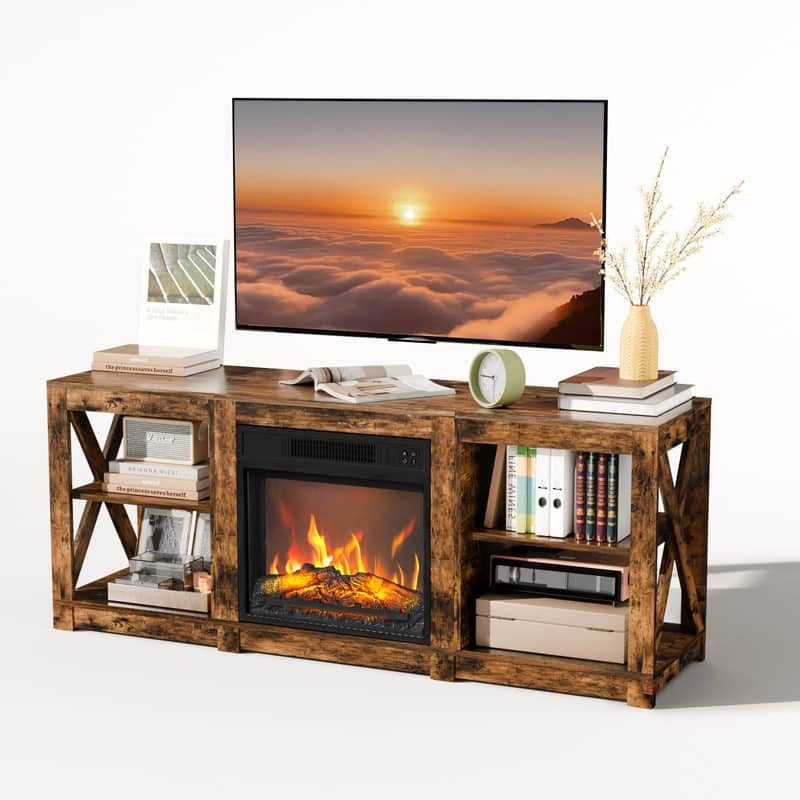TV Stand with Optional Fireplace for TVs up to 70in Farmhouse Entertainment Center with Adjustable Shelves