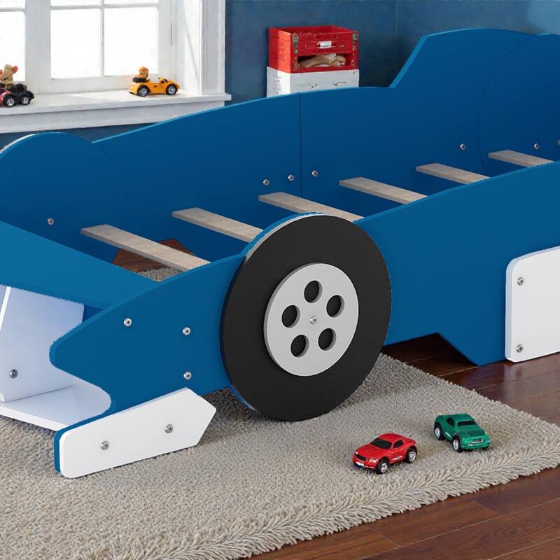 Race Car Platform Bed with Wheels, Kids Car-Shaped Bed Frame with Safety Rails