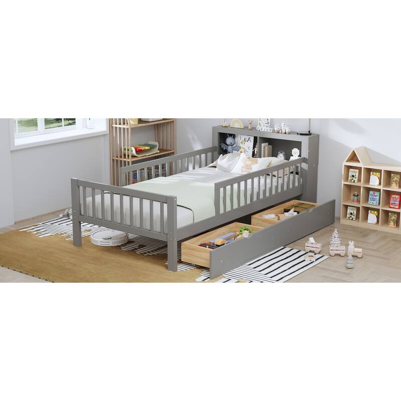 Bed with Headboard Storage Rack, Two Under-Bed Drawers, Three-Side Guardrails for Safety and Security