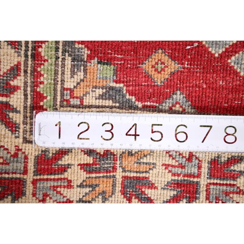 Geometric Kazak Accent Rug Hand-Knotted Red Wool Carpet - 3'4" x 4'7"