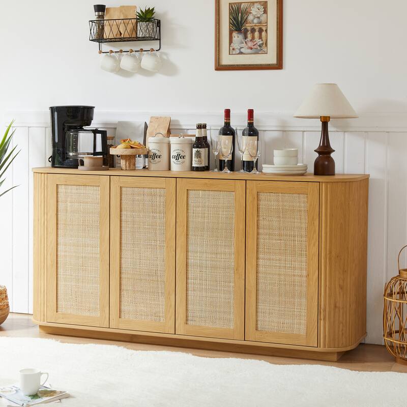 Rattan Buffet Cabinet with Storage, Sideboard Cabinet with 4 Doors, Modern Coffee Bar Station Table, Kitchen Wood Cupboard - Natural