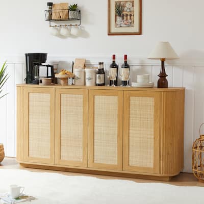 Rattan Buffet Cabinet with Storage, Sideboard Cabinet with 4 Doors, Modern Coffee Bar Station Table, Kitchen Wood Cupboard