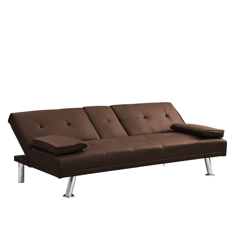Sofa Bed with Armrests, Wood Frame & Stainless Legs, Futon Style with PVC Upholstery - Brown