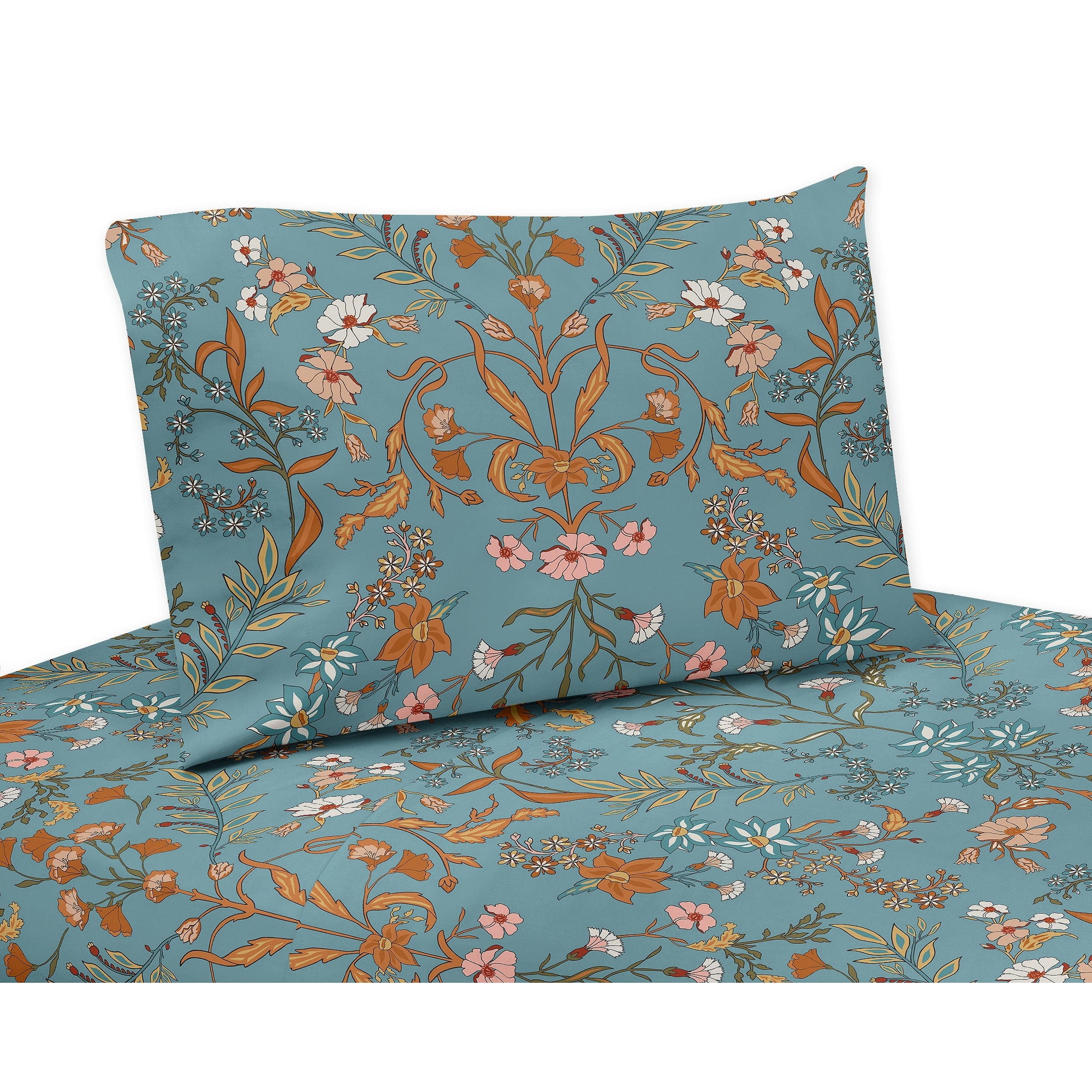 Sweet Jojo Designs Boho Wildflower Vintage Floral Girl 4p Queen Sheet Set Turquoise Orange Bohemian Garden Farmhouse Cottagecore
