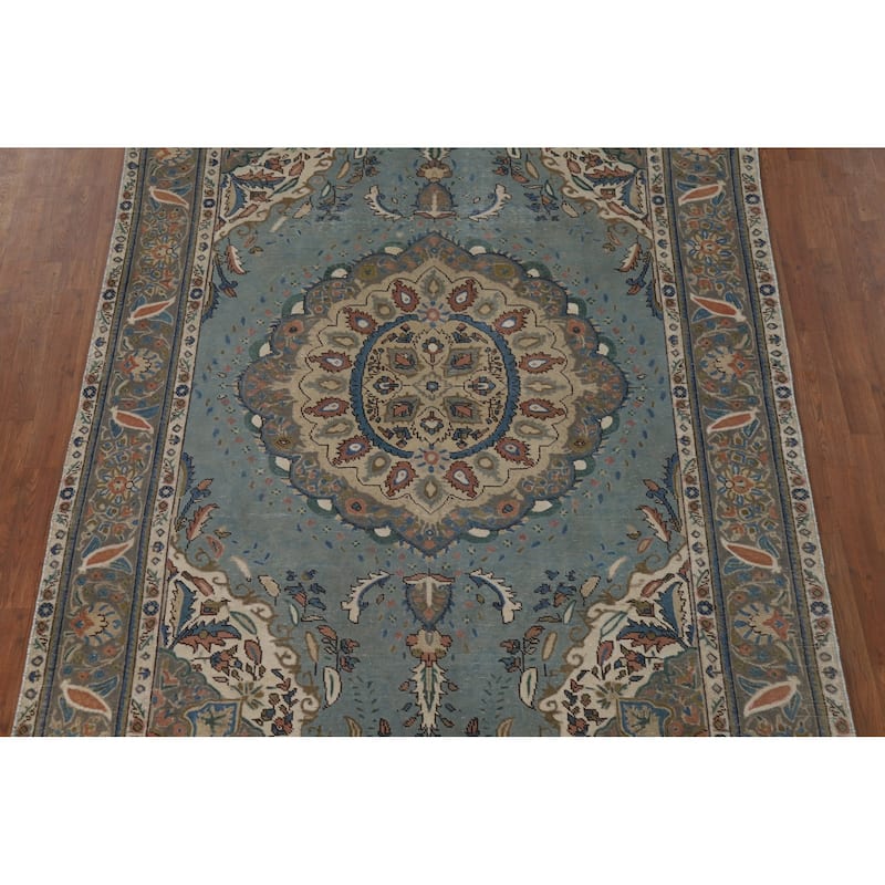 Blue Tabriz Vintage Persian Area Rug Handmade Traditional Wool Carpet - 6'4" x 9'5"