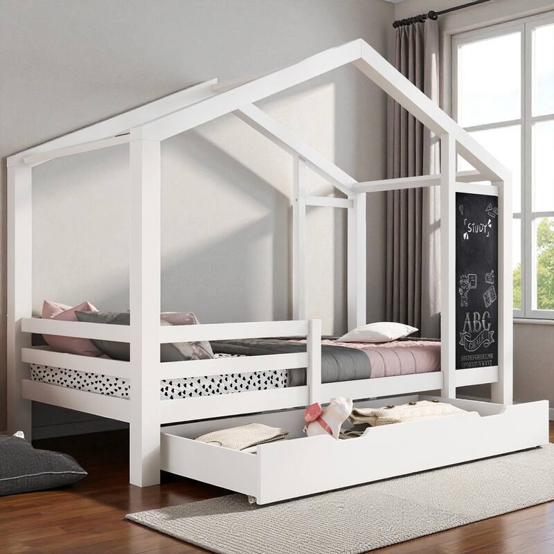 Twin/Full House Bed with Blackboard and Storage Drawers, Kids Wood Bed with Two Assembly Options and Safety Rails