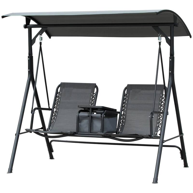2-Seater Porch Swing with Pivot Table, Cup Holder, Adjustable Canopy
