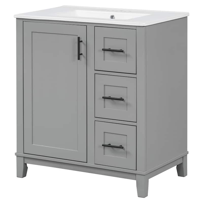 30 Inch Bathroom Vanity Ceramic Sink Rubberwood MDF 1 Door 3 Drawers Soft Close Modern