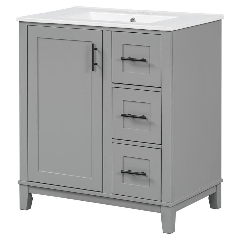 GDFStudio - Tim 30" Modern Bathroom Vanity with Ceramic Sink - Rubberwood Frame, 3 Drawers & Double-Rack Door, Soft-Close
