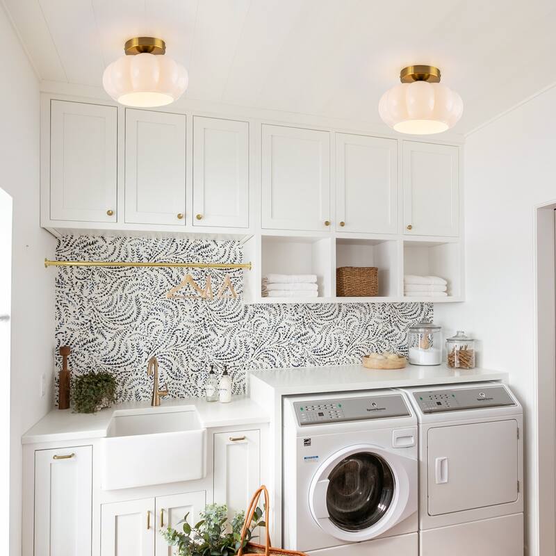 Contemporary 1-Light Dome Ceiling Light with Opal Glass Shape - Brass - 9.8" W × 6.5" H