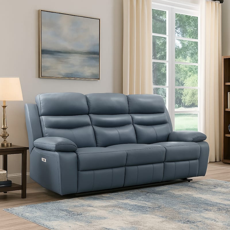 Hanna Power Double Reclining Sofa, Blue Grain Leather, USB, 87 Inch