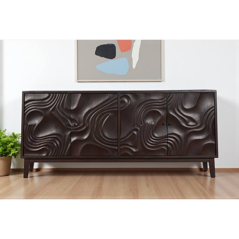 HomeRoots 80" Dark Brown Solid Wood Carved Abstract Sideboard with Four Doors - 80.00 in. x 36.00 in. x 16.00 in. - 80.00 in. x 36.00 in.  x 16.00 in.