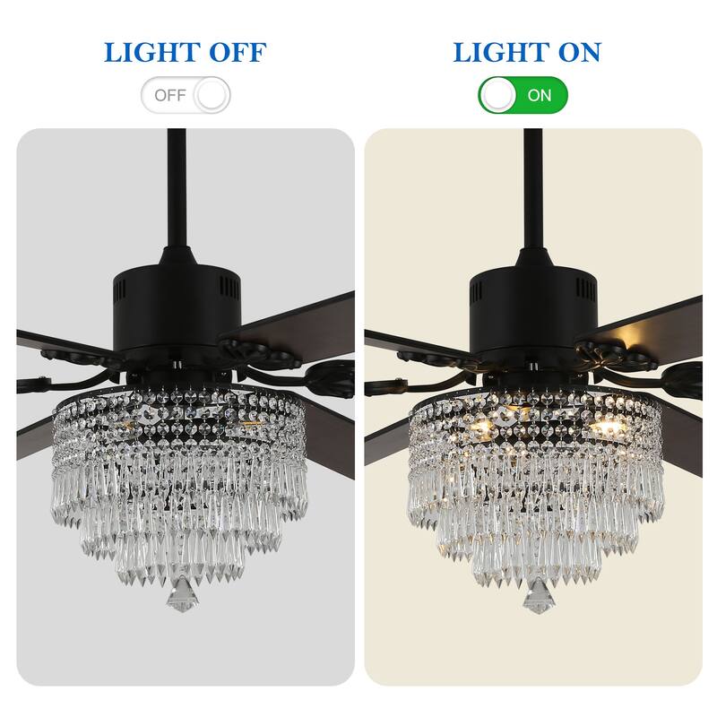 CurveCurio 65" Lagre Ceiling Fan w Crystal Light Shade and Wood Blades, Quiet DC Motor w Remote For Large Room - 65" * 65" * 26"
