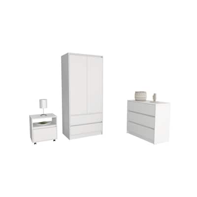 White Bedroom 3 Piece Set w/Nightstand and Dresser & 2-Doors Armoire