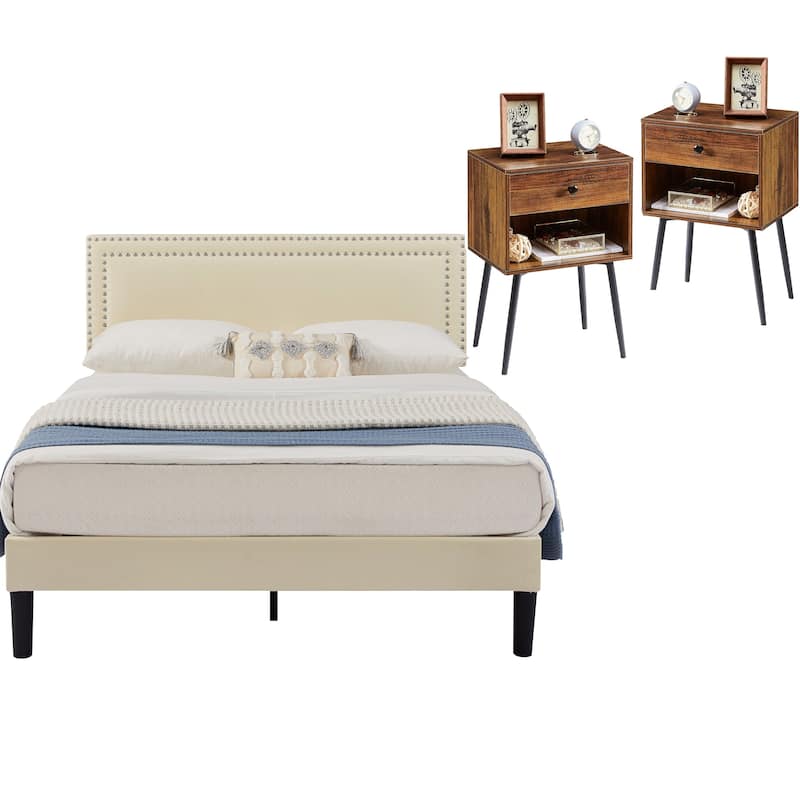 VECELO 3-Pieces Upholstered Platform Bed Frame with Adjustable Headboard and Nightstands Set of 2, Beige