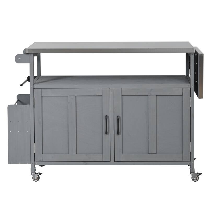 Foldable Outdoor Mobile Portable Kitchen Island Cart with Lockable Wheels, Storage Cabinet and Towel Rack