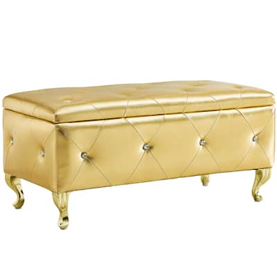 Faux Leather Upholstered End of Bed Bench, Rectangular Flip Top Storage Bench, Window Bench with Crystal Buttons & Metal Legs