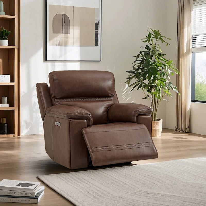 Genuine Leather Power Recliner with Zero Gravity Dual Power Adjustable Headrest & Footrest USB Type-C Charging Ports - LightBrown