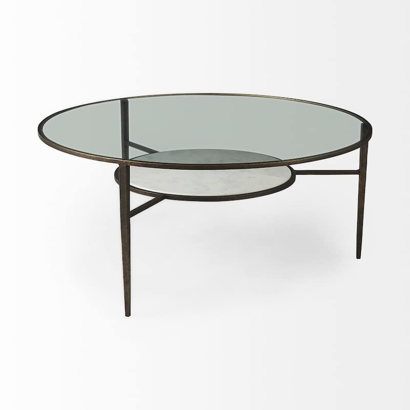 Felicity Glass Top w/White Marble Shelf & Antique Gold Base Coffee Table