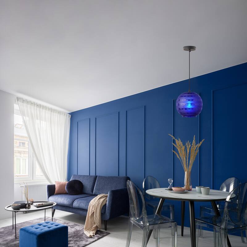 Hayley River of Goods Black Metal and Blue Blown Glass 9.5-Inch Pendant Light with Adjustable Hanging Cord - 9.5" x 9.5" x 64"