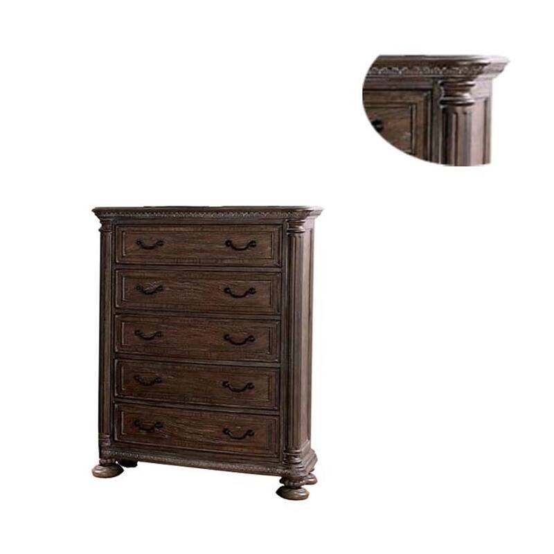 Wooden Chest with 5 Drawers and Intricate Carving Details, Brown