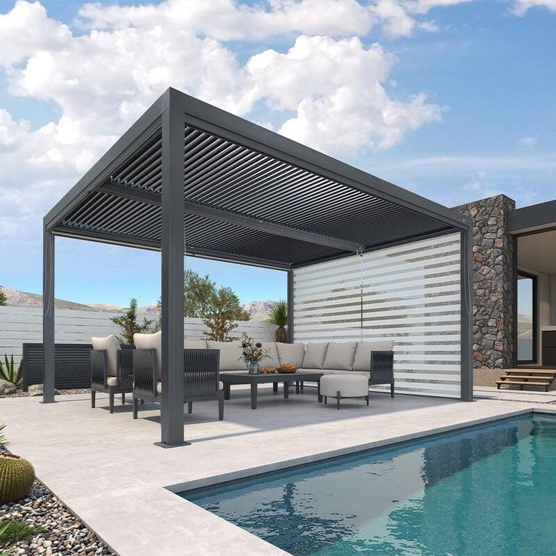 PURPLE LEAF Gray Louvered Pergola Outdoor Aluminum Pergola with Adjustable Roof for Patio Grey Hardtop Gazebo