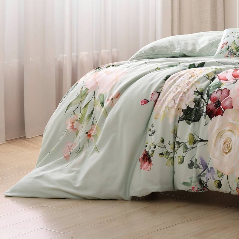 Bebejan Rose on Misty Green 100% Cotton 5-Piece Reversible Comforter Set