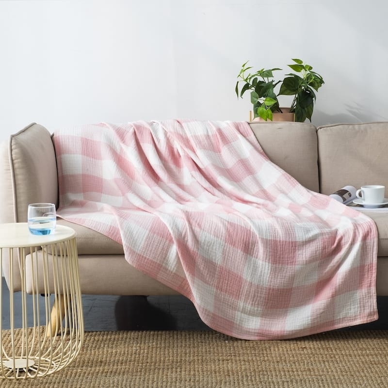 WHOLINENS Cotton Four Layers Muslin Gauze Picnic Throw Blanket Reversible - Twin - Pink