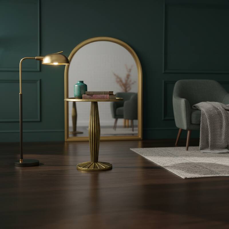 17 Inch Side End Drink Table, Fancy Fluted Base, Round Top Antique Brass