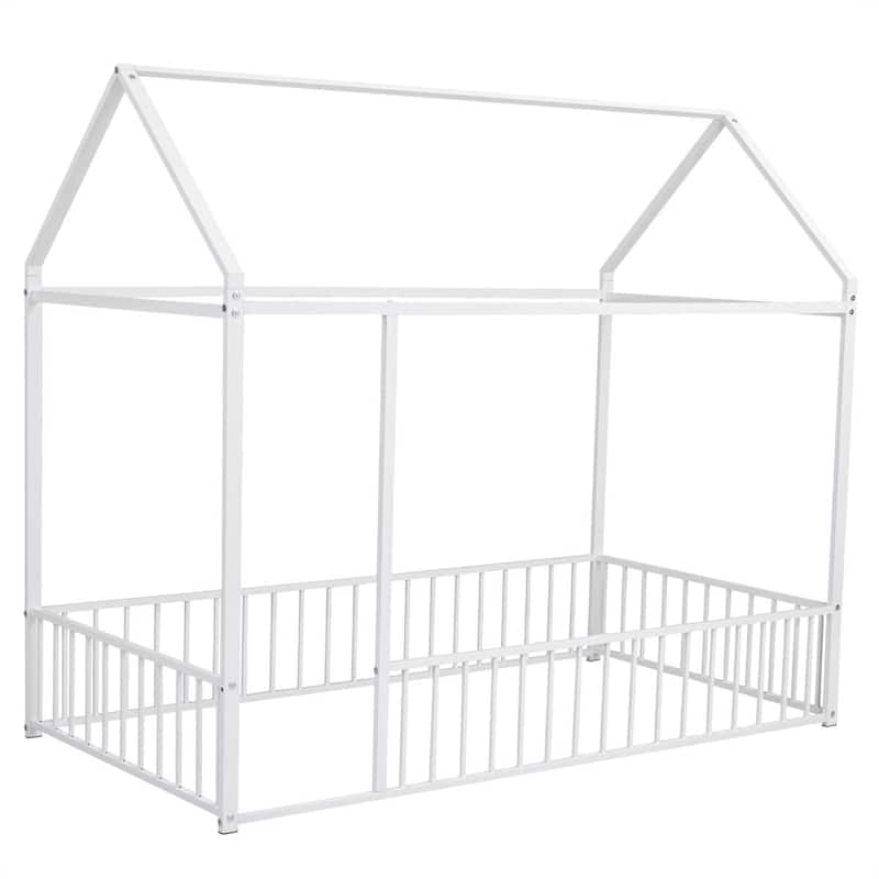 Twin Size Metal Bed House Bed Frame with Fence