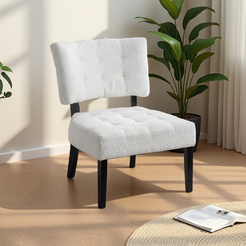 Boucle Tufted Accent Chair with Oversized Seating and Wooden Legs
