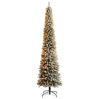 10ft. Flocked Pencil Artificial Christmas Tree with 700 Clear Lights & 1145 Branches - Sleek Snowy Holiday X-Mas Tree