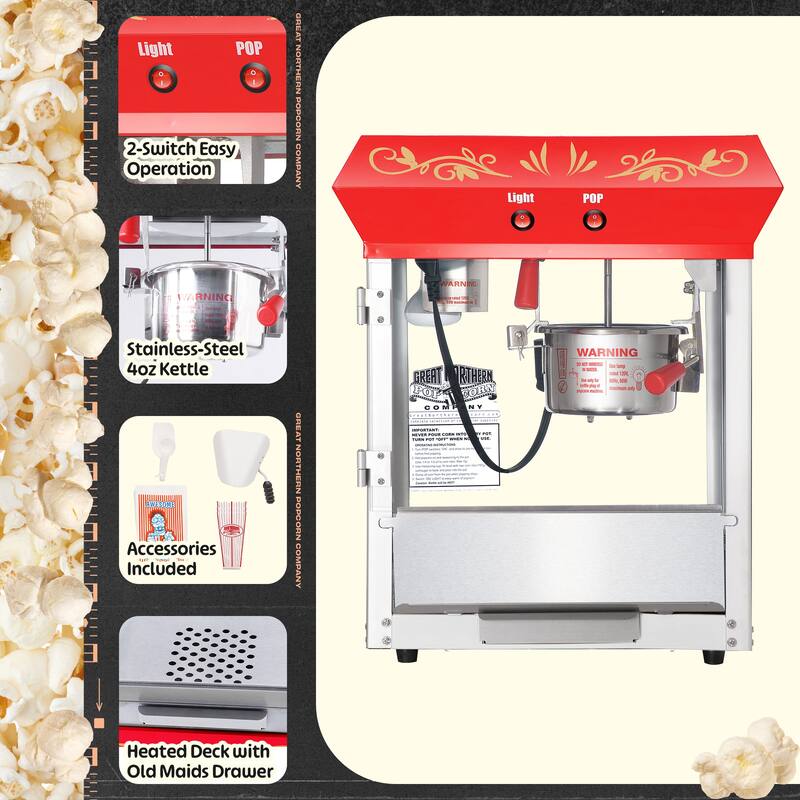 Great Northern Popcorn 4oz Tabletop Popcorn Machine with Warming Light, Red - 4 oz