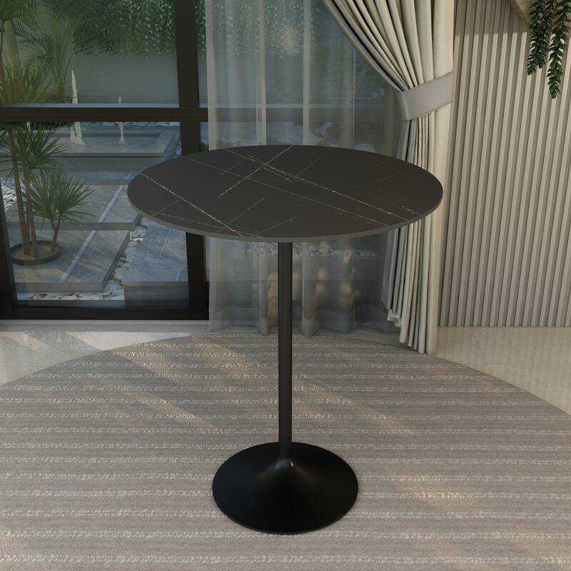 Verve 36" Round Sintered Stone Bar Height Bistro Table with Luxury High Top, Scratch & Heat Proof, Seats 4, Modern Pedestal Base