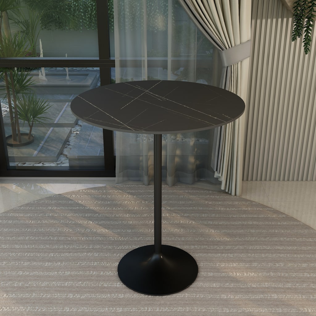 Verve 36" Round Sintered Stone Bar Height Bistro Table with Luxury High Top, Scratch & Heat Proof, Seats 4, Modern Pedestal Base
