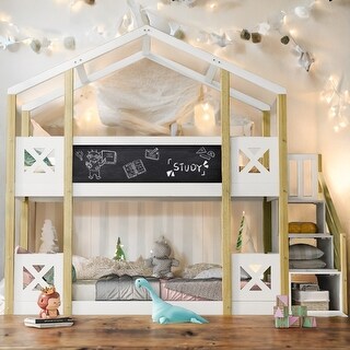Twin over Twin House Bunk Bed with White Storage Staircase and Blackboards