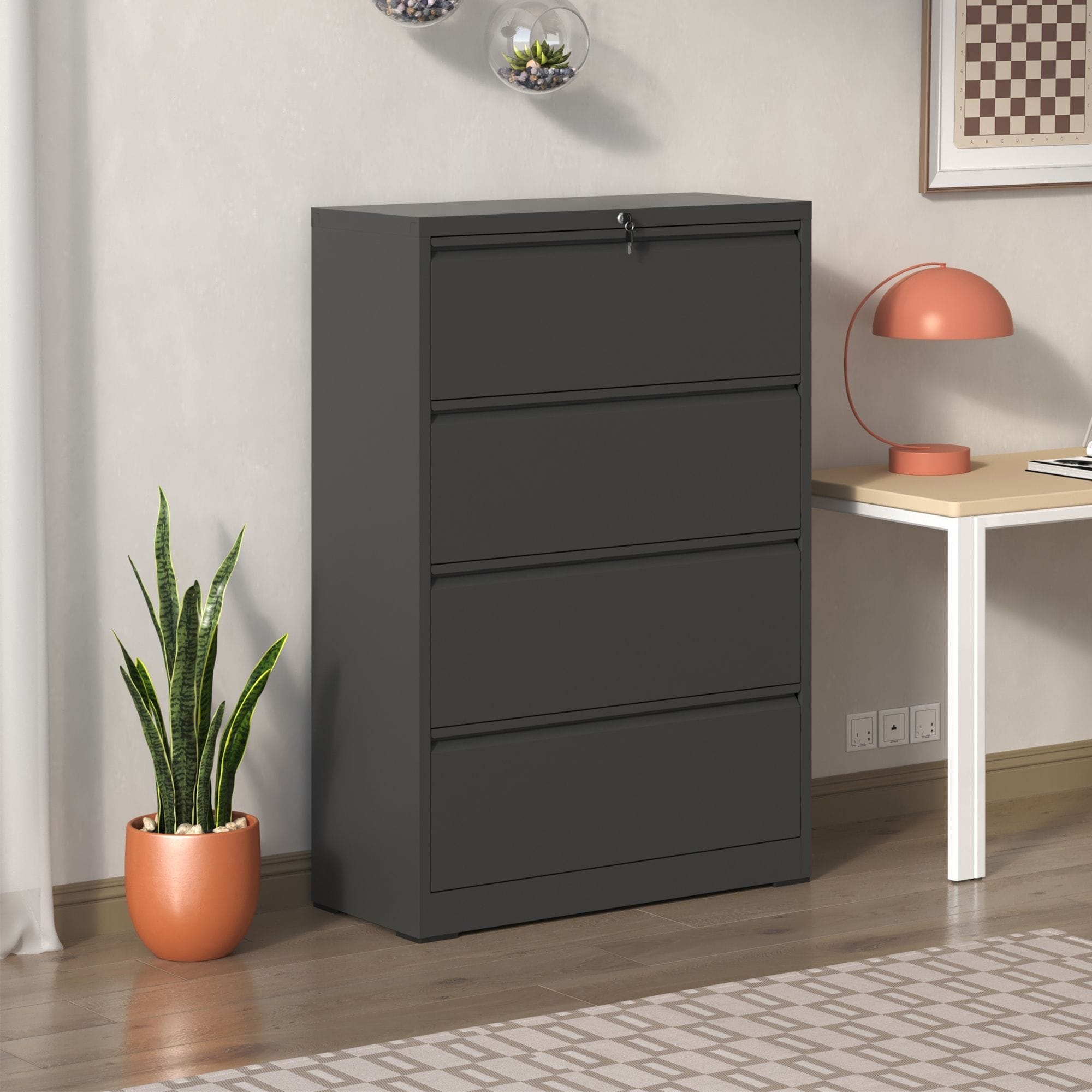 Lateral File Cabinet 4 Drawer, Black Filing Cabinet with Lock