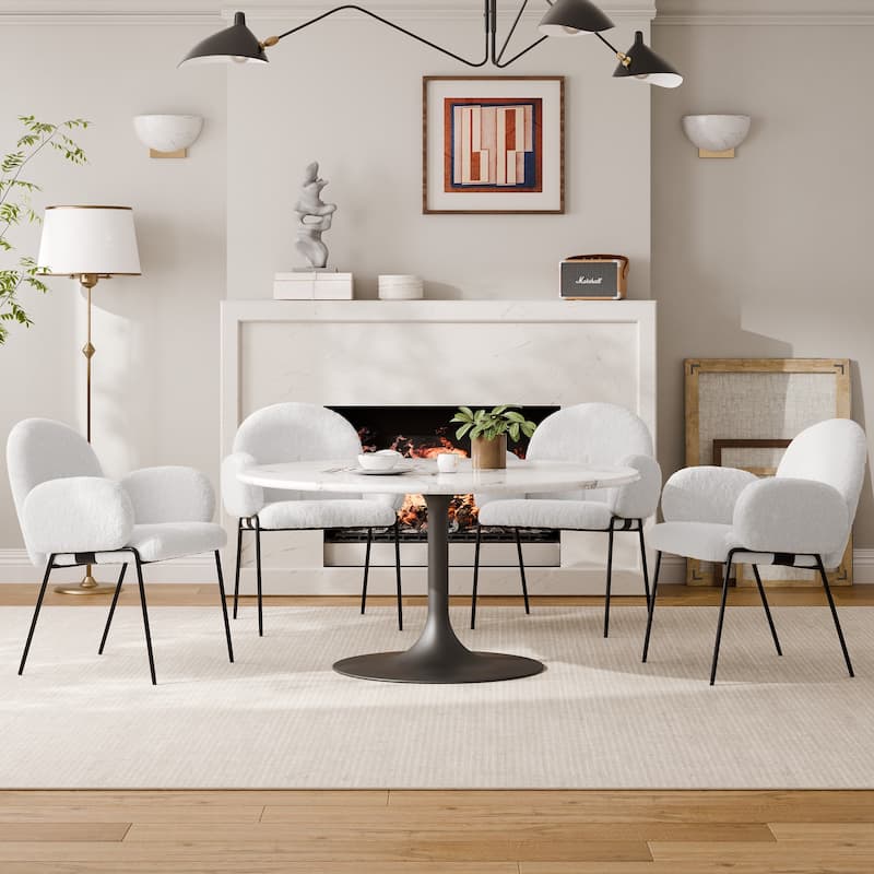 Modern Upholstered Boucle Dining Chair with Armrests - Set of 4 - White