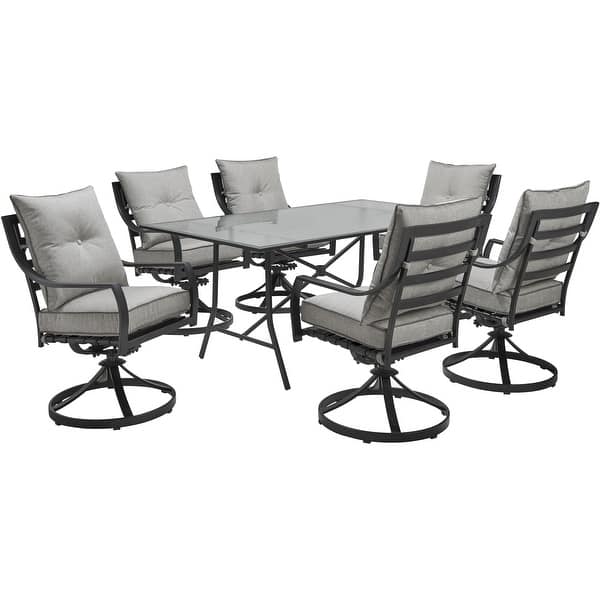 slide 2 of 20, Hanover Lavallette 7-Piece Dining Set in Silver Linings with 6 Swivel Rockers and a 66" x 38" Glass-Top Table Grey
