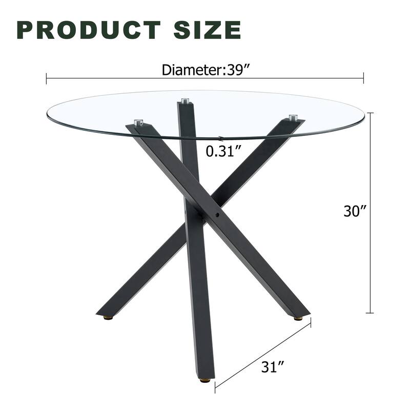 Modern minimalist glass round table: 31 inch diameter, X-shaped black metal bracket, stylish and practical - Black,Transparent